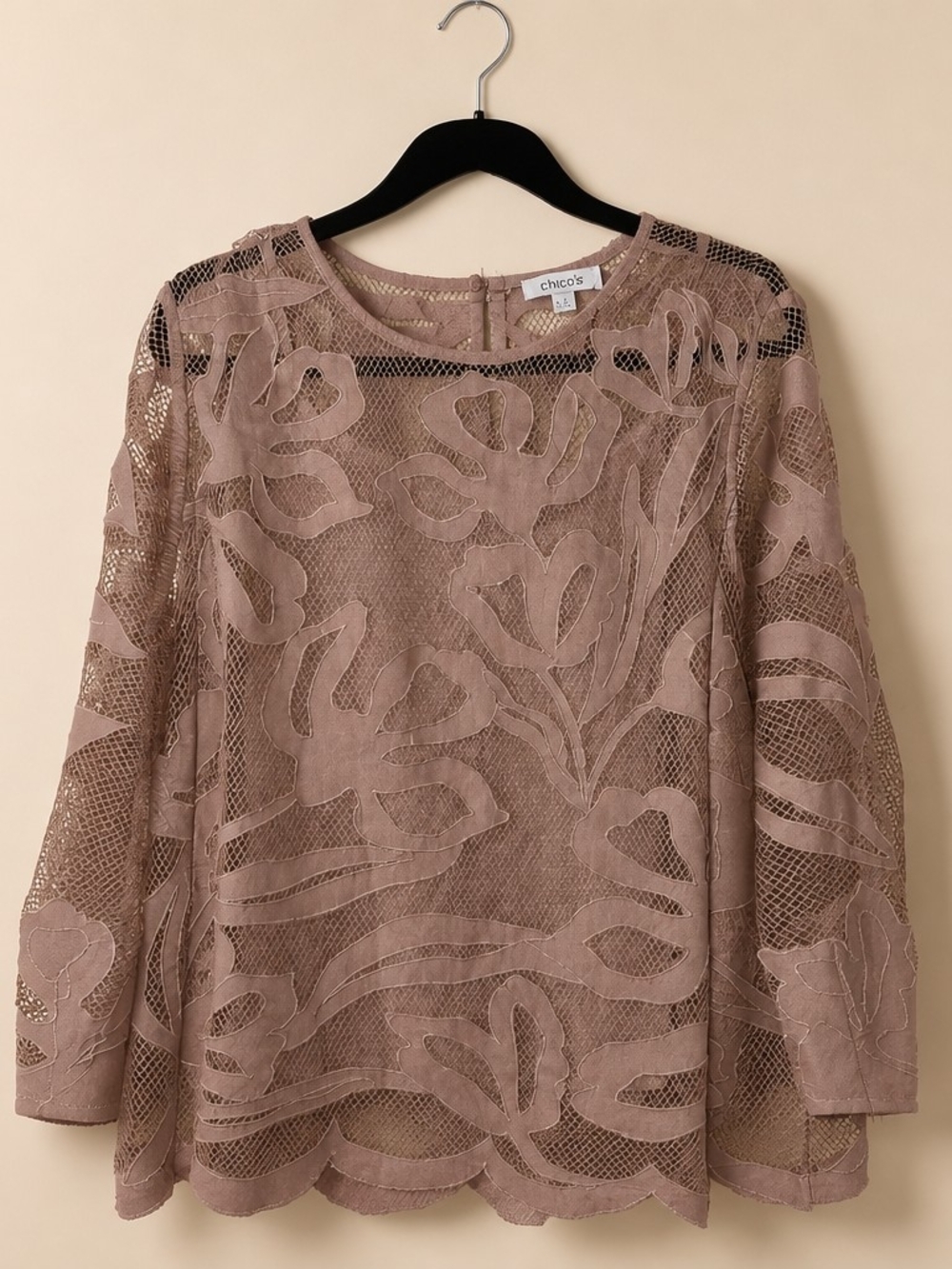 Chico's Taupe Lace Overlay Long Sleeve Top